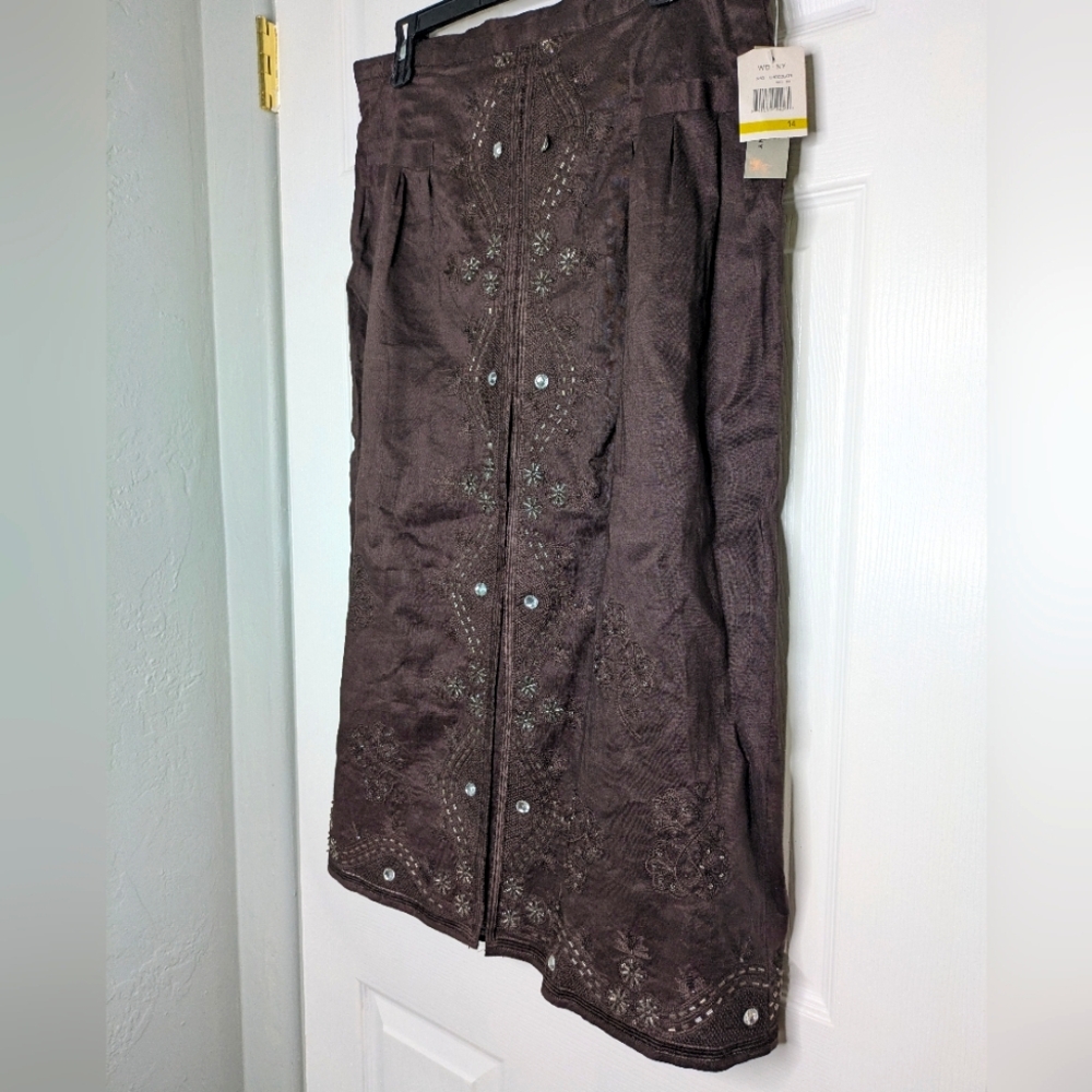 Vintage NWT Y2K Brown Linen Embroidered Beaded Skirt WDNY Size 14